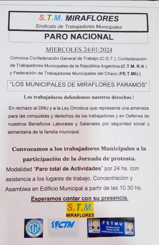 EL SINDICATO DE TRABAJADORES MUNICIPALES S.T.M DE MIRAFLORES ADHIERE AL PARO NACIONAL CONVOCADA PIR LA CGT Y OTRAS ENTIDADES GREMIALES.