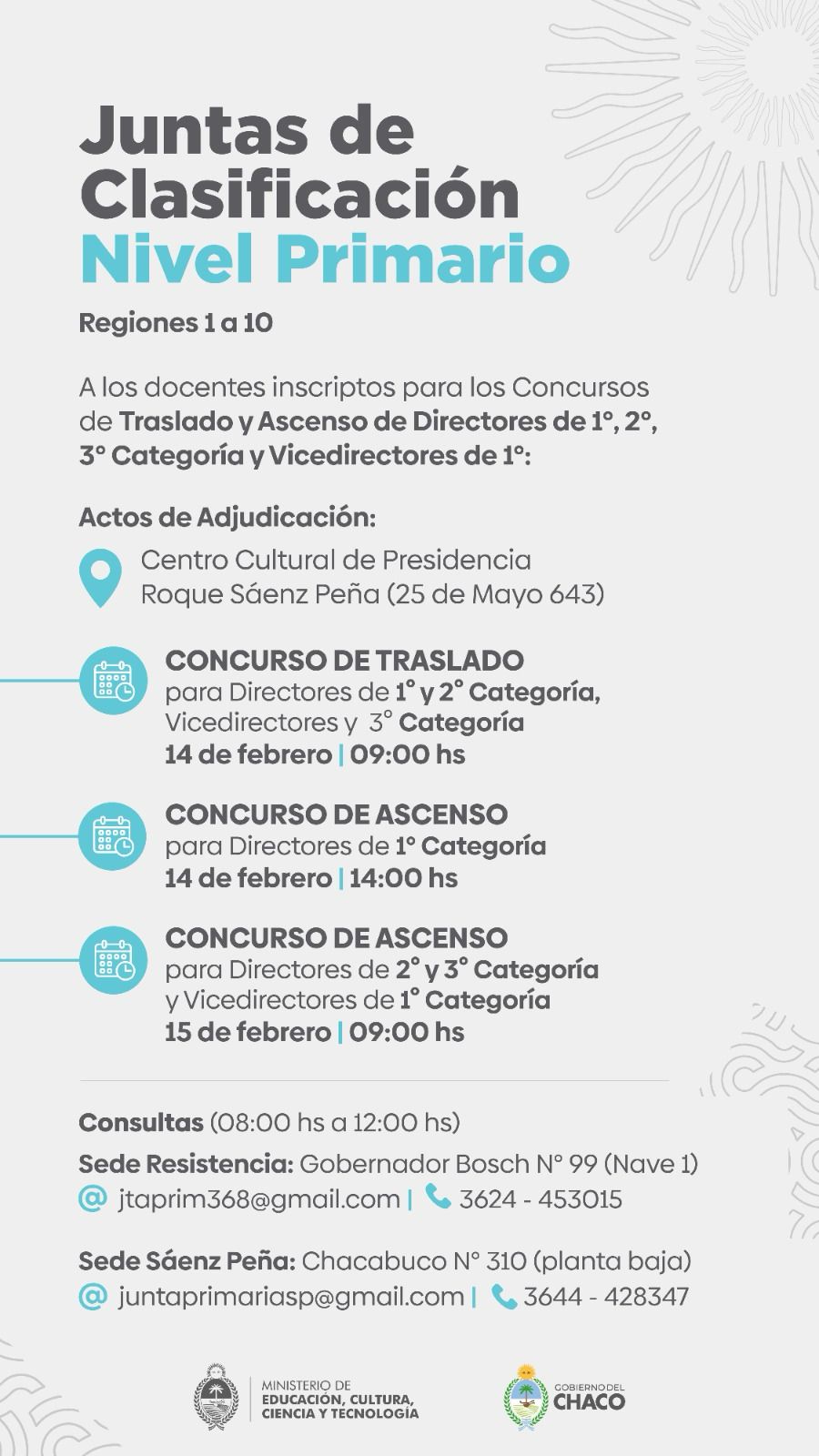 JUNTAS DE NIVEL PRIMARIO COMUNICAN FECHA Y HORARIO DE ACTOS DE ADJUDICACIÓN DE CONCURSOS DE ASCENSO Y TRASLADOS PARA DIRECTORES Y VICE.