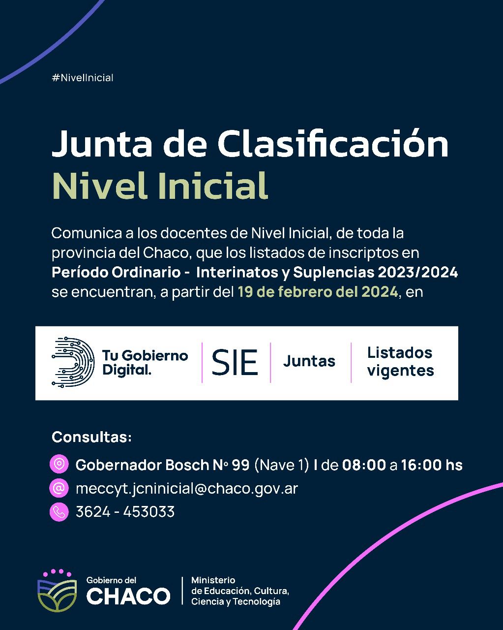 EDUCACIÓN: JUNTA DE NIVEL INICIAL COMUNICA QUE LISTAS DE INTERINATOS Y SUPLENCIAS SE ENCUENTRAN EN SIE.