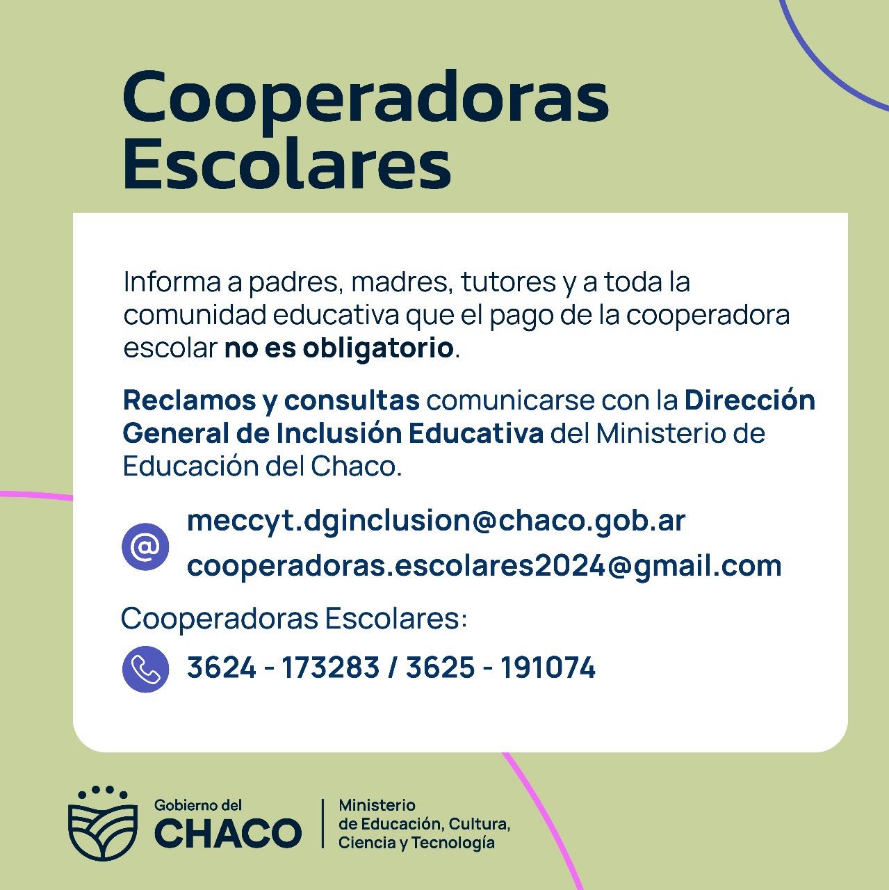 EDUCACIÓN: EL PAGO DE LA COOPERADORA NO ES OBLIGATORIO Y LAS ESCUELAS NO DEBEN COBRAR POR LA INSCRIPCIÓN”.