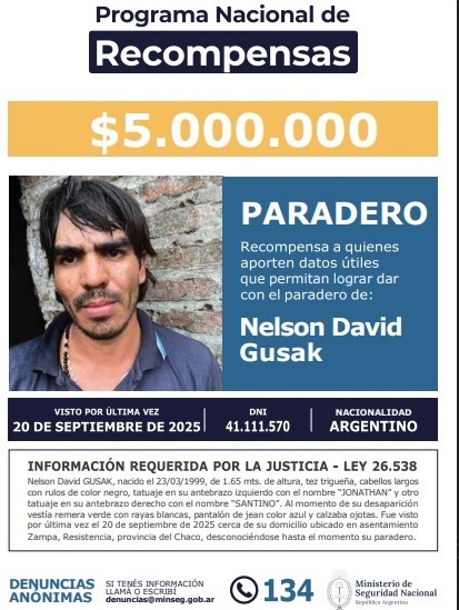 CASO GUSAK: REITERAN LA RECOMPENSA DE $5 MILLONES PARA QUIEN APORTE DATOS SOBRE SU PARADERO.