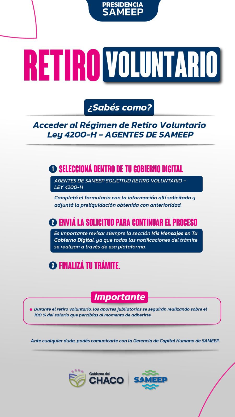 SAMEEP SE SUMA AL R&Eacute;GIMEN DE RETIRO VOLUNTARIO: QUI&Eacute;NES PUEDEN ACCEDER Y C&Oacute;MO TRAMITARLO.