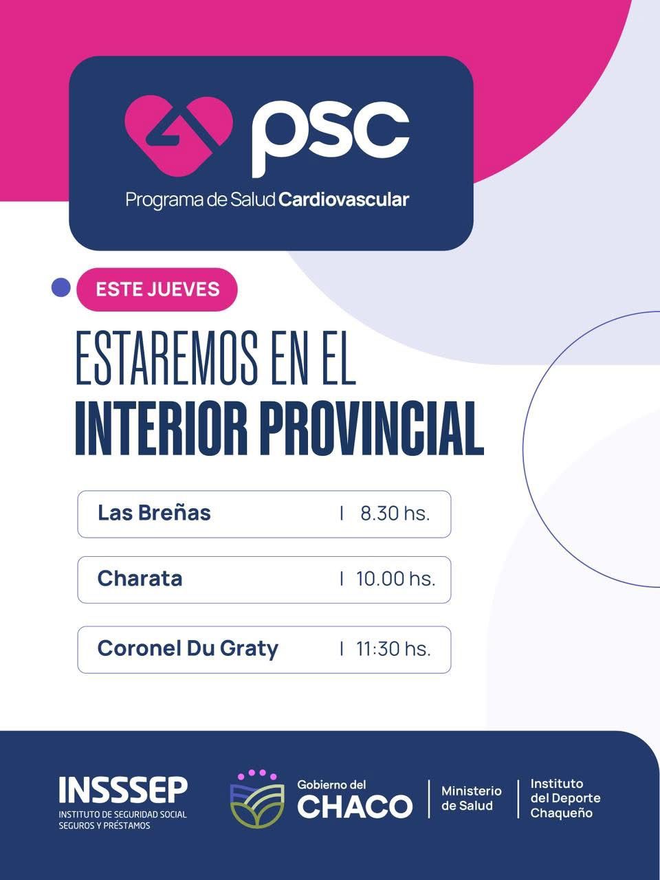 SALUD LLEVA EL PROGRAMA DE SALUD CARDIOVASCULAR A LAS BRE&Ntilde;AS, CHARATA Y CORONEL DU GRATY.