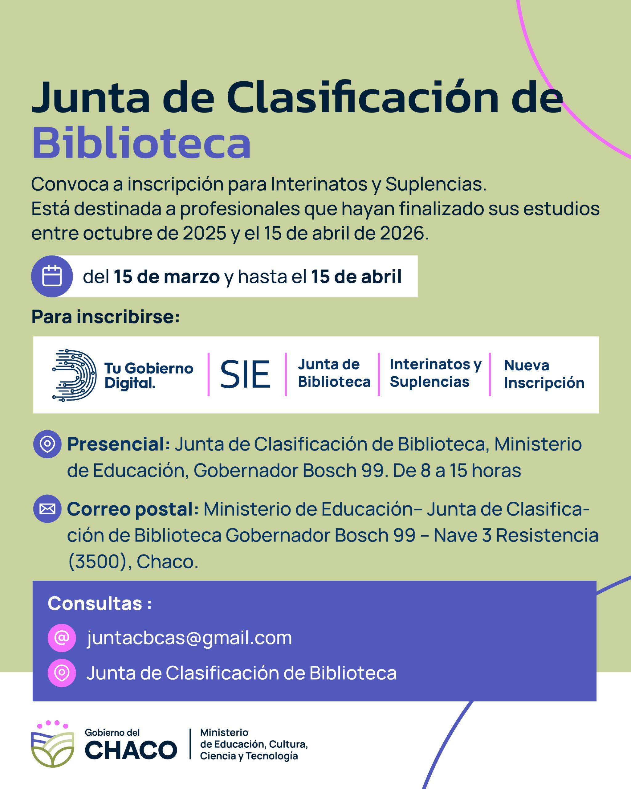 EDUCACI&Oacute;N: ABREN INSCRIPCI&Oacute;N EXTRAORDINARIA PARA INTERINATOS Y SUPLENCIAS DE DOCENTES BIBLIOTECARIOS.
