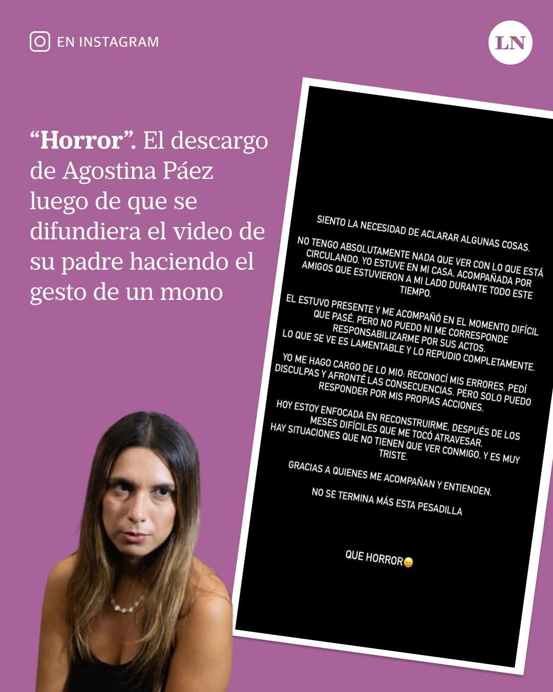 LA RESPUESTA DE AGUSTINA P&Aacute;EZ TRAS EL VIDEO DE SU PADRE HACIENDO GESTO DE UN MONO.