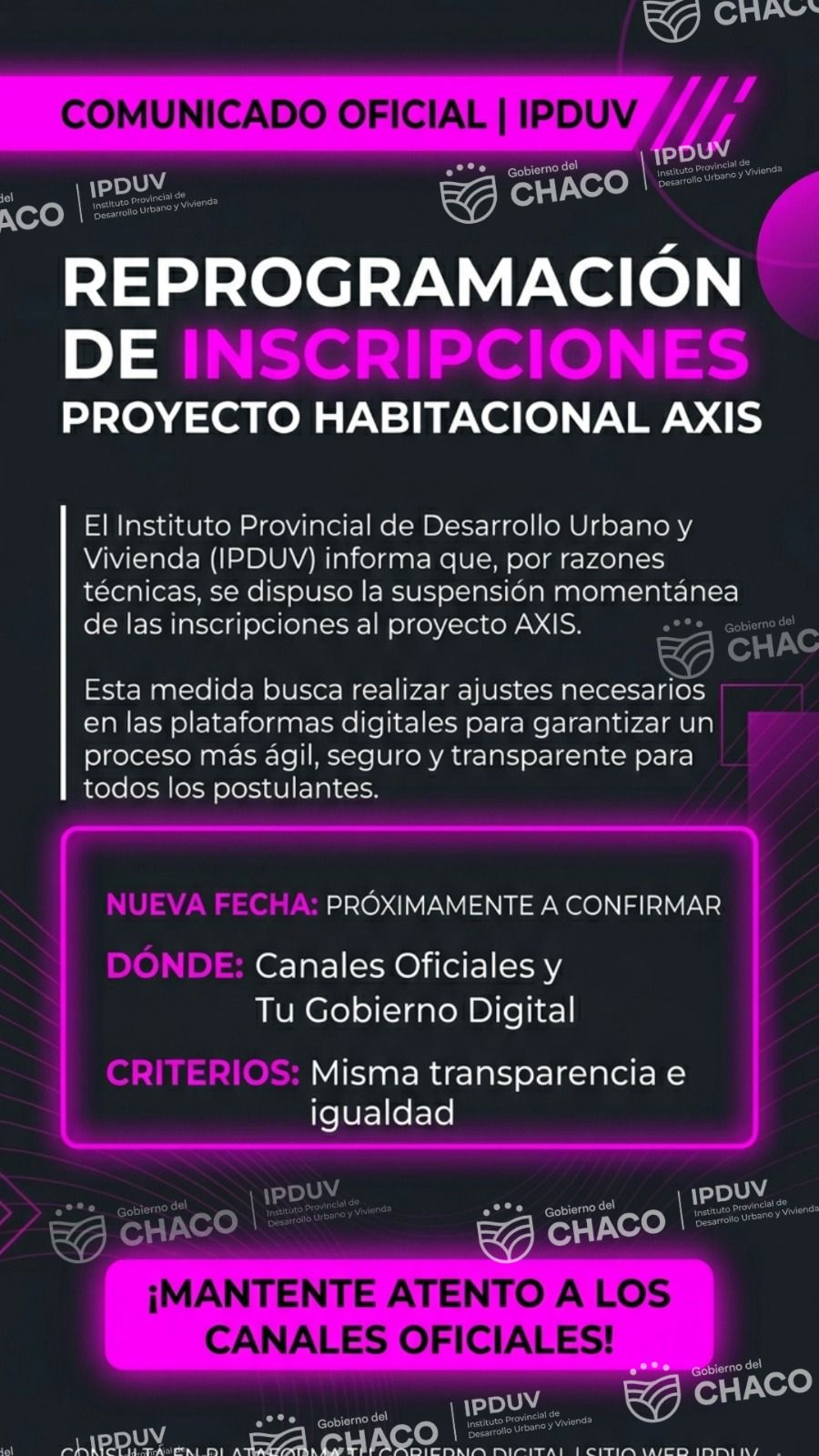 EL IPDUV REPROGRAMA LAS INSCRIPCIONES AL PROYECTO HABITACIONAL AXIS.