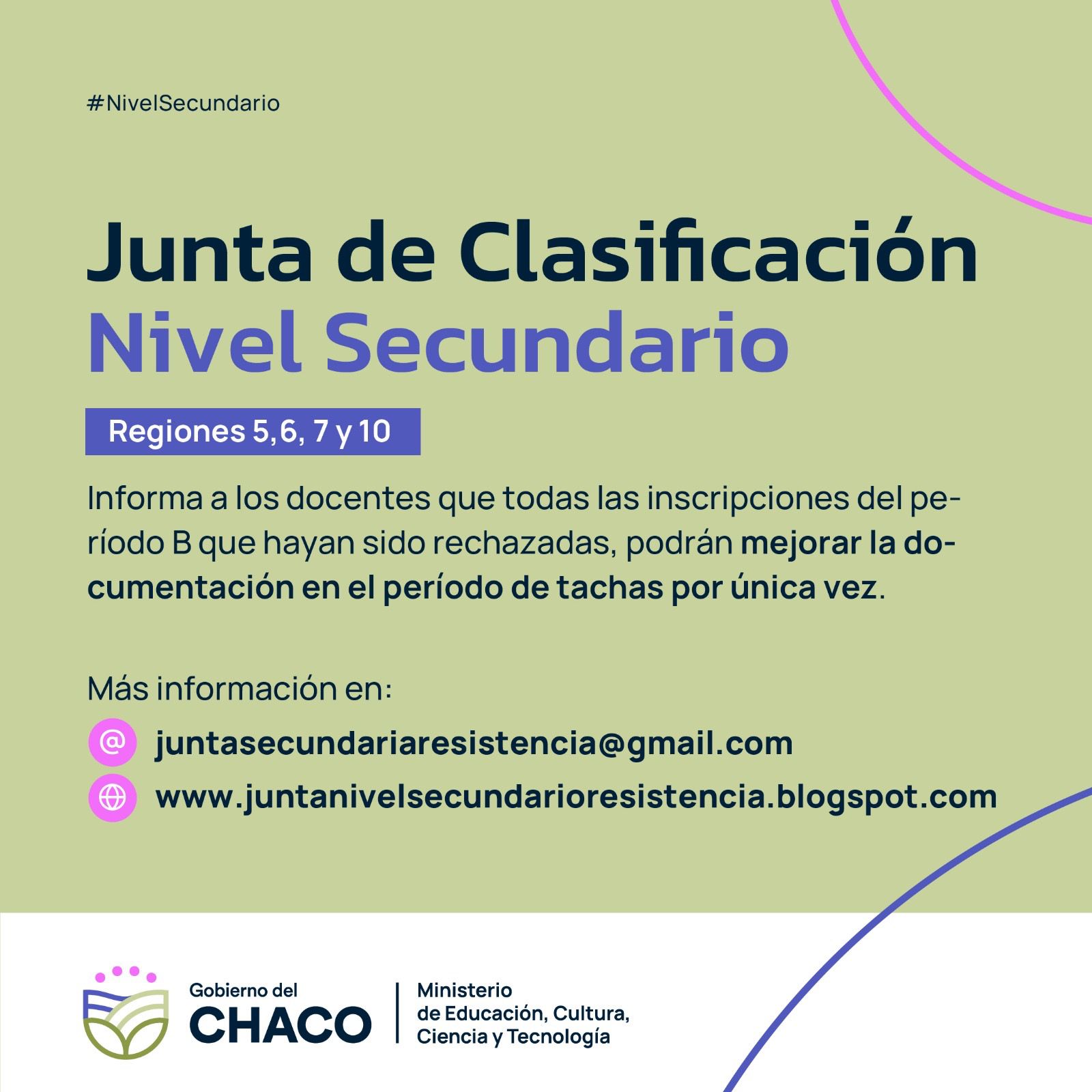 JUNTA DE CLASIFICACIÓN DE NIVEL SECUNDARIO RESISTENCIA: PERIODO DE TACHAS.