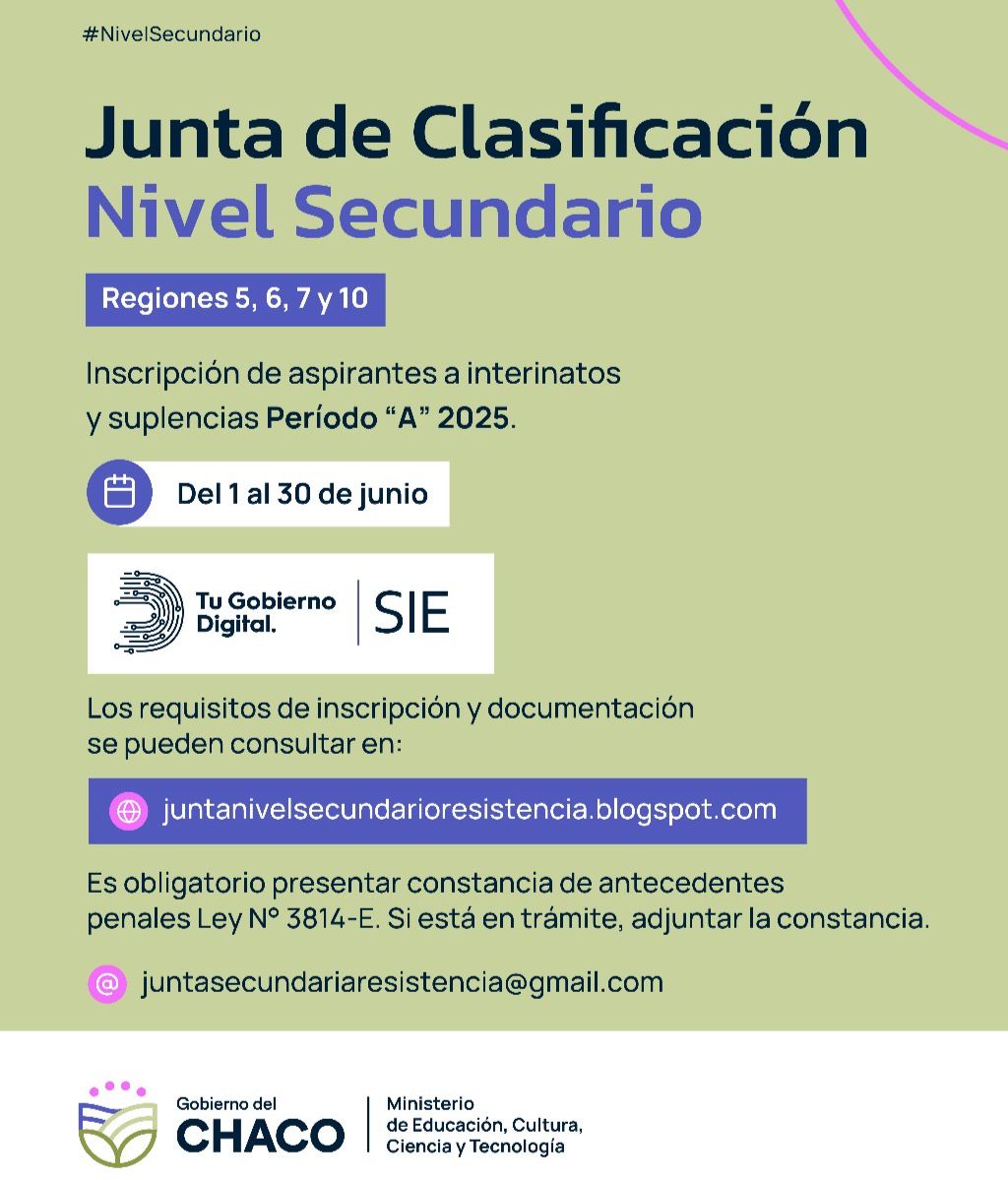 JUNTA DE CLASIFICACIÓN DE NIVEL SECUNDARIO: EN JUNIO ABRE INSCRIPCIÓN PARA INTERINATOS Y SUPLENCIAS 2025.