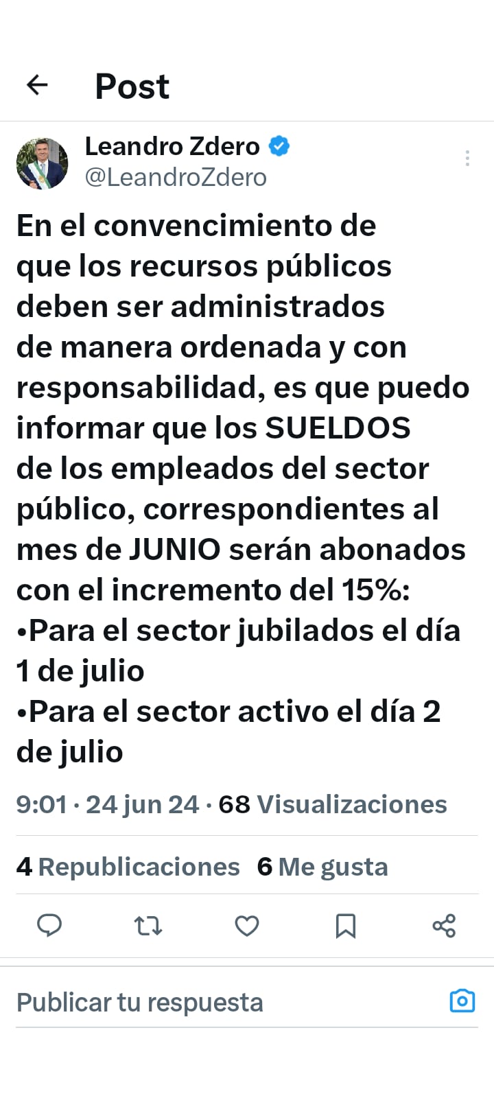 EL GOBERNADOR ZDERO ANUNCIÓ EL CRONOGRAMA DE PAGOS DEL MES DE JUNIO.