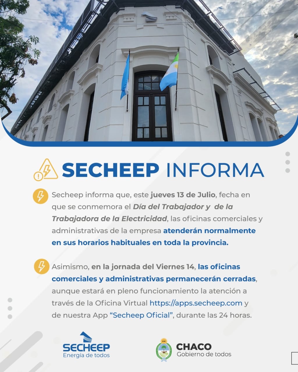 DÍA DEL TRABAJADOR DE LA ELECTRICIDAD: SECHEEP INFORMÓ HORARIOS Y VÍAS DE ATENCIÓN DEL JUEVES .