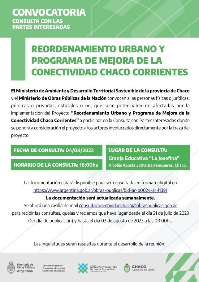 PROVINCIA Y NACIÓN  INVITAN A LA CONSULTA SOBRE EL “REORDENAMIENTO URBANO Y MEJORA DE LA CONECTIVIDAD CHACO-CORRIENTES”.