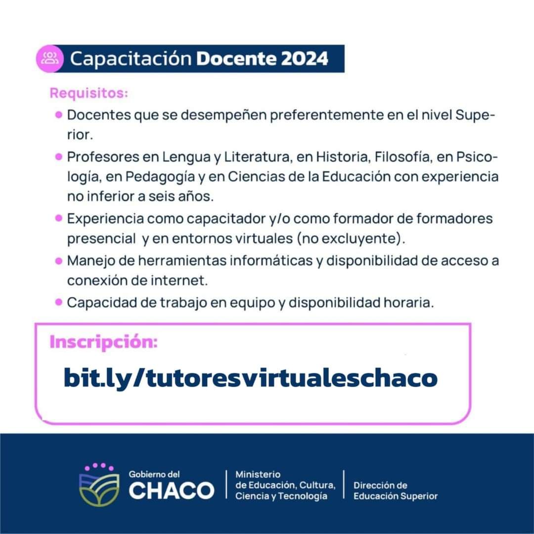 CAPACITACIÓN DOCENTE 2024: EDUCACIÓN ABRE CONVOCATORIA PARA CUBRIR CARGO DE TUTOR VIRTUAL.