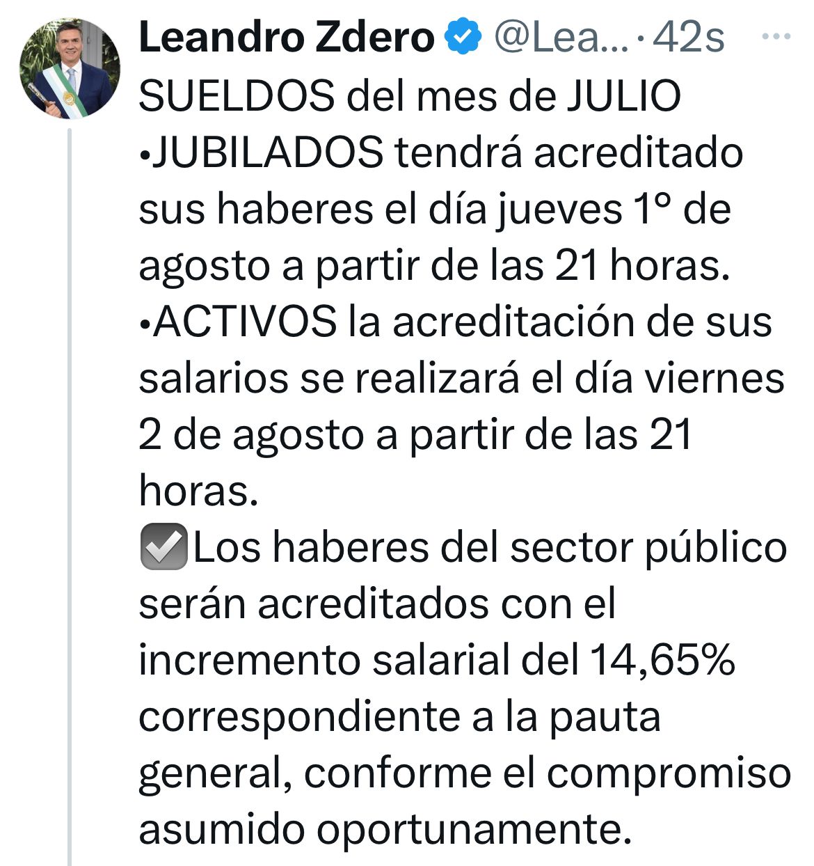 EL GOBERNADOR ZDERO ANUNCIÓ EL CRONOGRAMA DE PAGOS DEL MES DE JULIO.