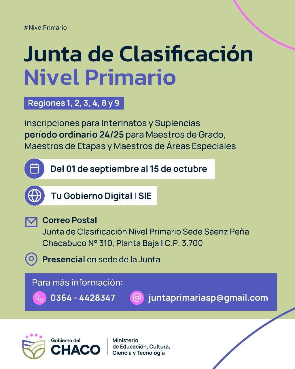 JUNTA DE CLASIFICACIÓN NIVEL PRIMARIO, SEDE SÁENZ PEÑA: ABRE INSCRIPCIÓN A INTERINATOS Y SUPLENCIAS.