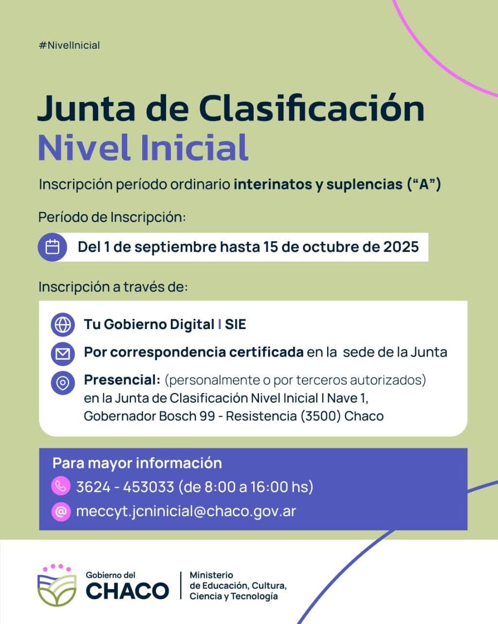 JUNTA DE CLASIFICACIÓN DE NIVEL INICIAL: SE ABRE INSCRIPCIÓN PARA INTERINATOS Y SUPLENCIAS.