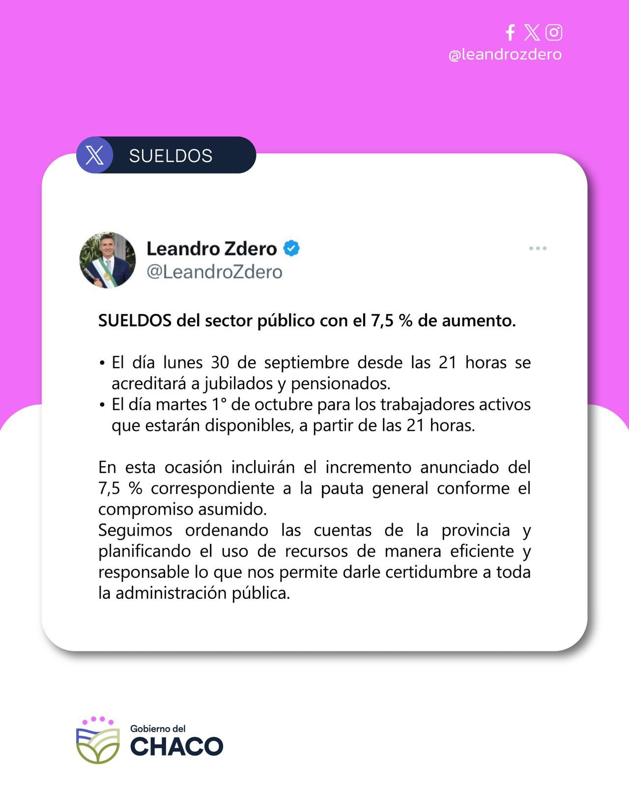 HOY COMIENZA EL PAGO DE SUELDOS CON EL INCREMENTO DEL 7,5% PARA LA ADMINISTRACIÓN PÚBLICA.
